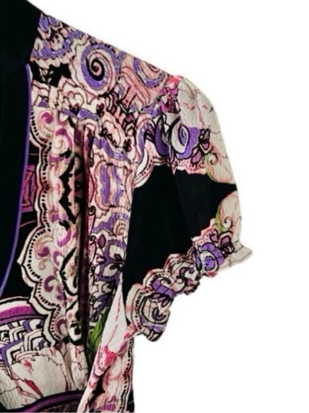 Bebe Pink & Black Floral Print V-Neck Wrap Short Sleeve Silk Blouse Size Medium - Picture 6 of 9